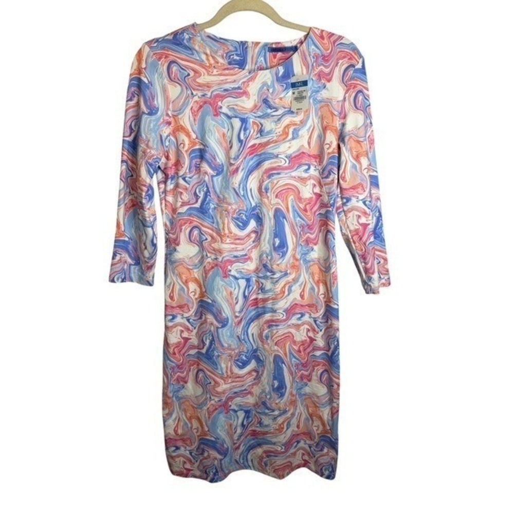 J.McLaughlin Dress Women's Medium Sophia Blue Coral Pink Marblehead Sheath NWT